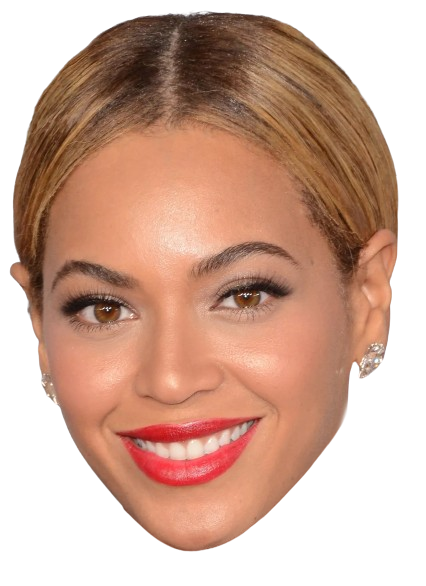 Cardboard cutout of Beyonce Face Mask with styled hair and makeup on a white background
