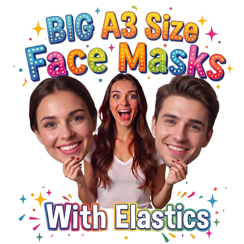 Promotional graphic for 'BIG A3 Size Face Masks With Elastics' featuring three smiling faces with large cutout masks, set against a white background with colorful decorative text and stars.