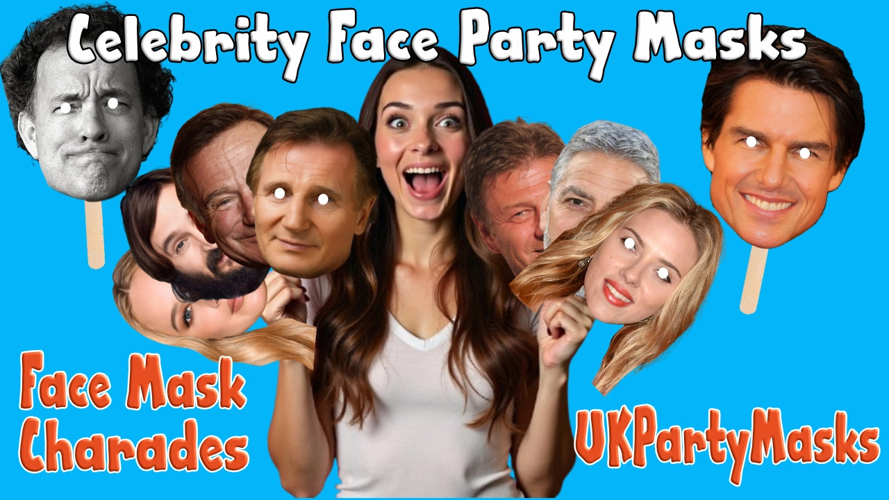 Promotional image for celebrity face party masks with people holding masks against a blue background.