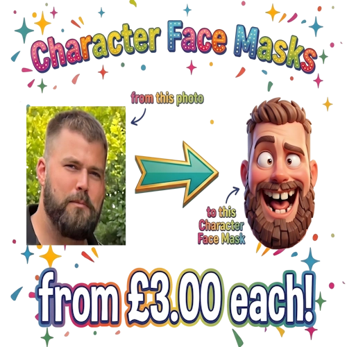 Promotional graphic for character face masks with a man's photo and cartoon face mask, colorful text, and an arrow.