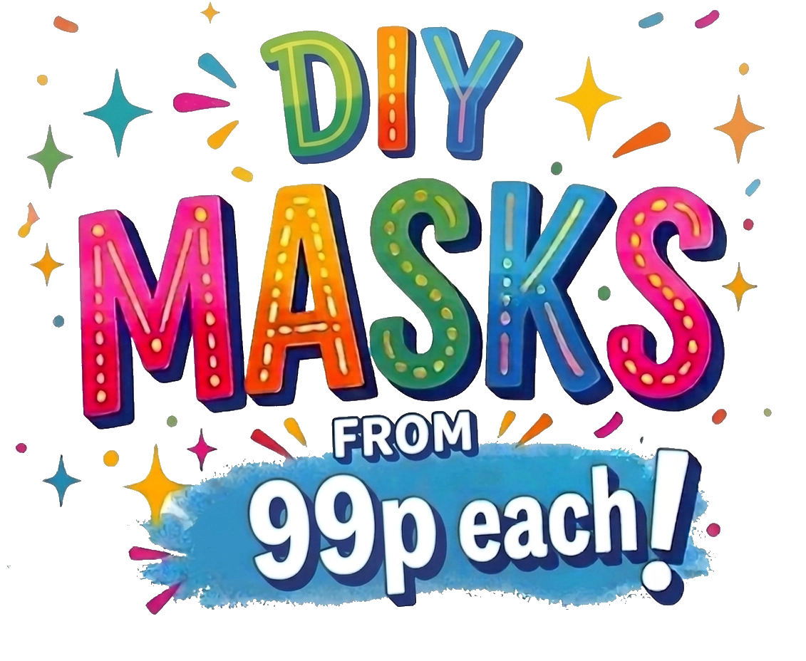 Colorful text 'DIY Masks from 99p each!' with star and dot decorations on a white background