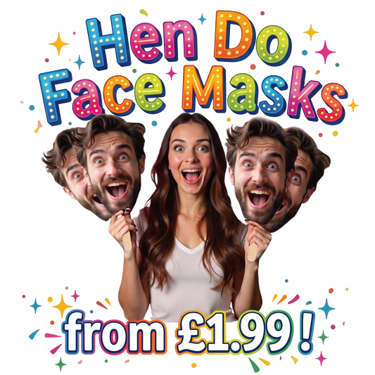 Promotional image for hen do face masks with colorful text and people holding cardboard face masks.