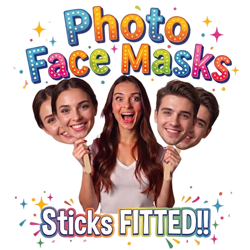 Person holding photo face masks with colorful text on a white background