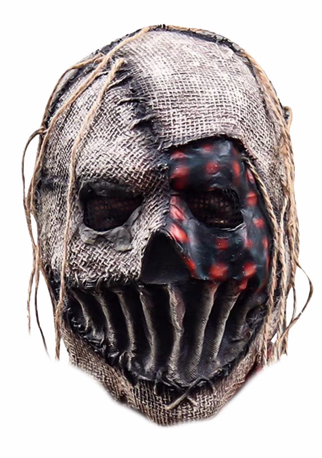 A horror-style mask made of distressed burlap fabric with frayed brown string details, featuring a black and red splattered face design and a wide, toothless grin.