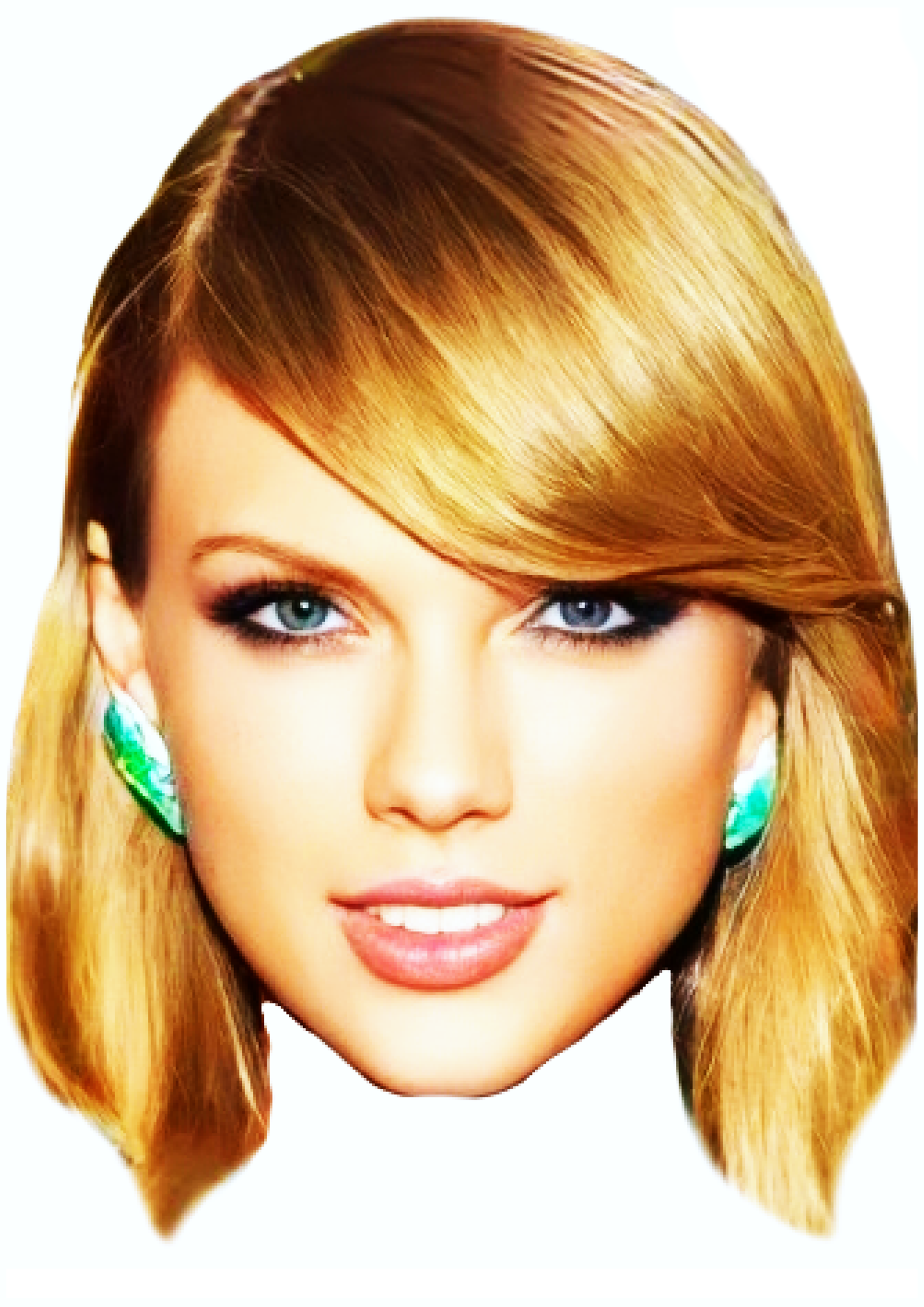 Cardboard cutout of Tayla Swift with blonde hair and earrings on a white background
