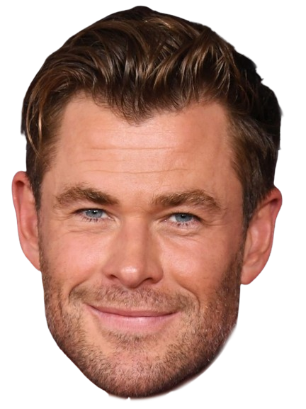 Cardboard face mask of Chris Hemsworth with brown hair and blue eyes on a white background