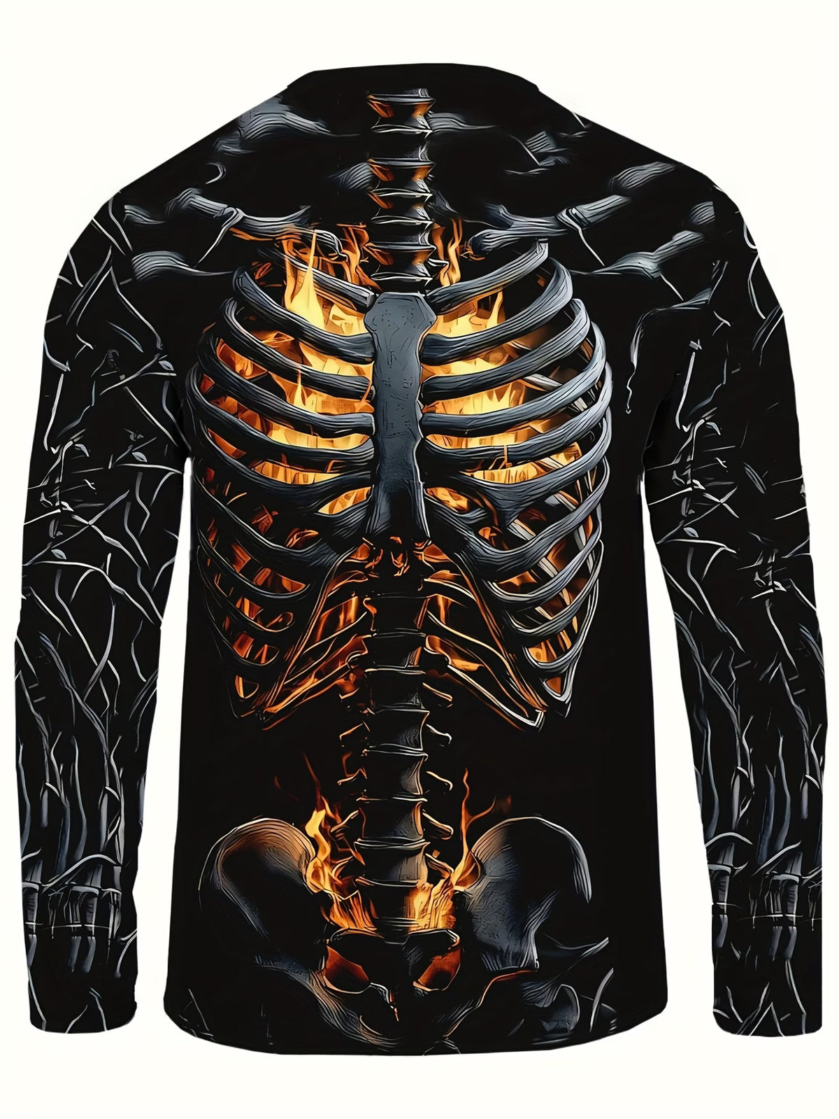 A long-sleeve black shirt featuring a detailed graphic print of a human skeleton with glowing orange and yellow flames throughout the rib cage, spine, and pelvis, shown on a plain white background.