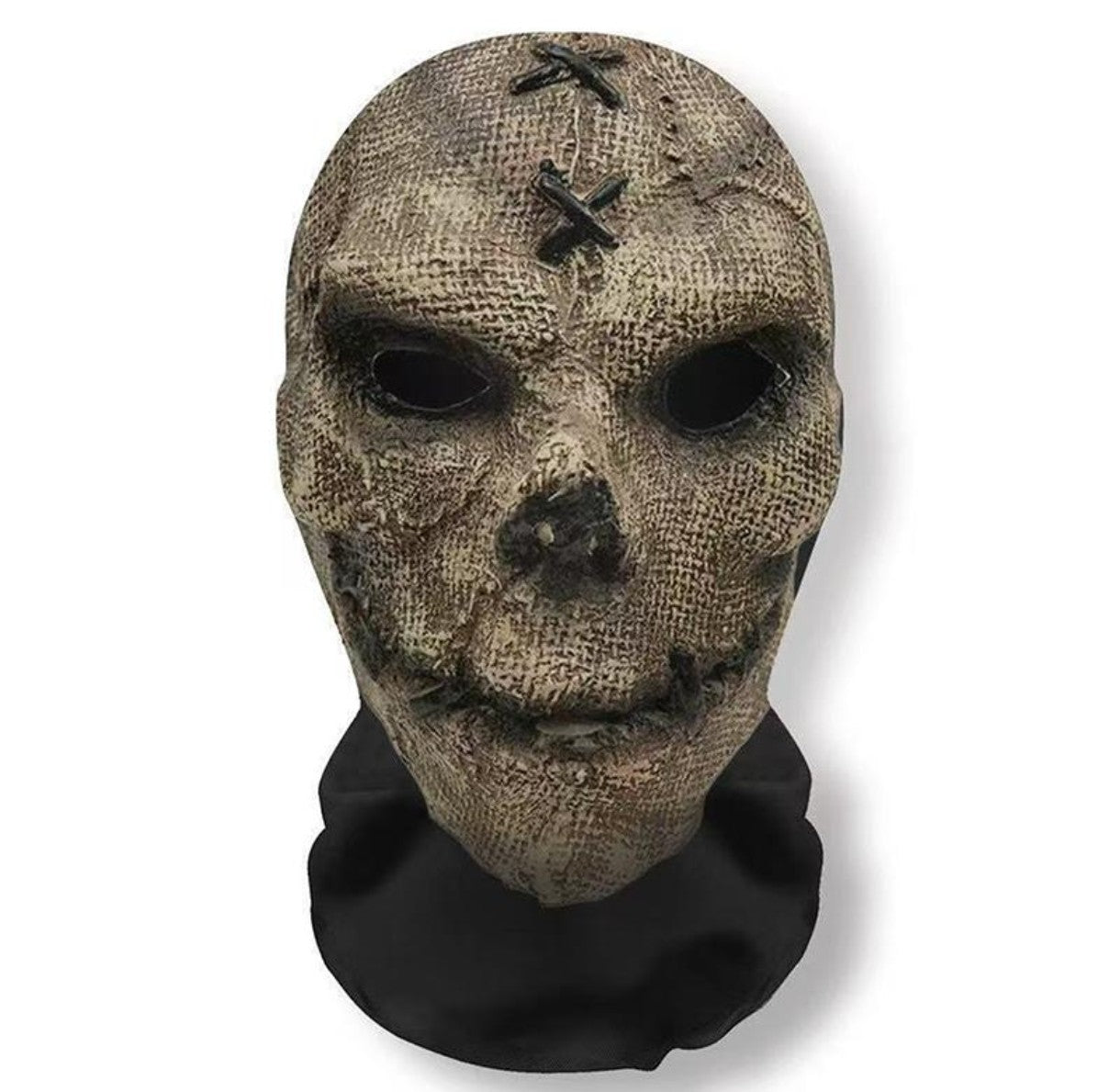 Textured mask with black stitches on a white background
