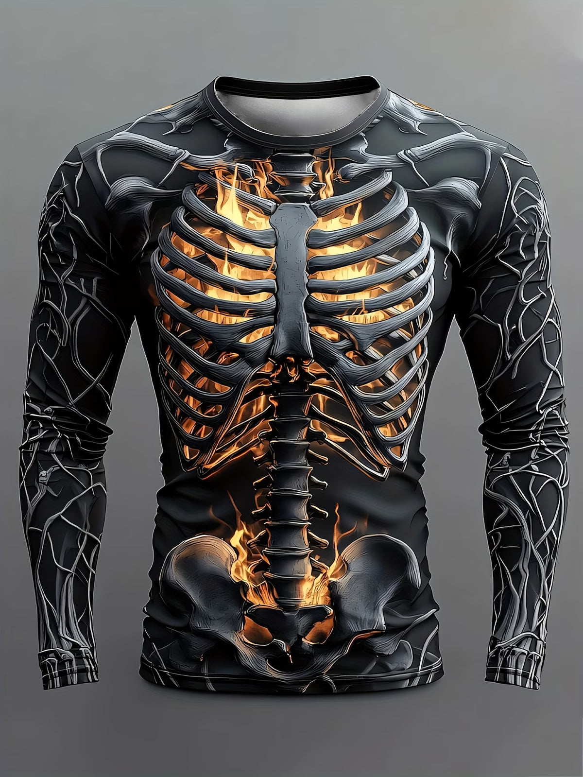A long-sleeve black athletic shirt with a 3D graphic of a human skeleton and glowing orange flames, shown on a neutral gray background.