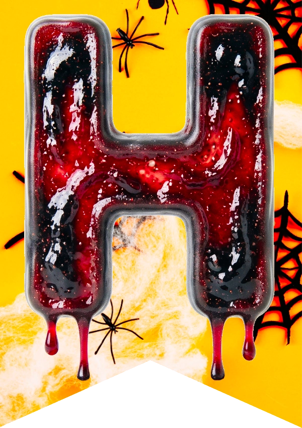 A glossy red and black letter H balloon or prop with a dripping effect, set against a bright yellow Halloween-themed background with spiderwebs and black spiders.