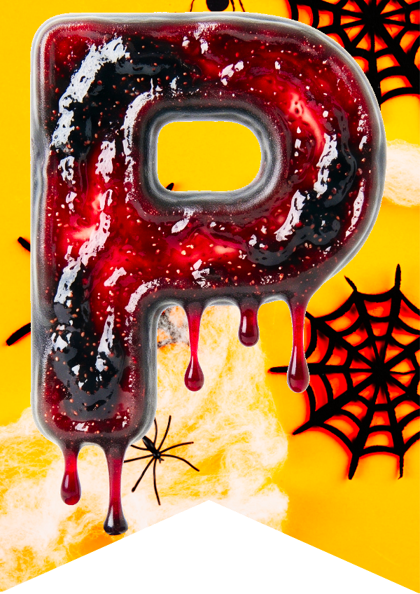 A glossy, dripping decorative letter P filled with a red and black marbled, glittery texture, set against a bright yellow Halloween-themed background with spiderwebs and a spider.