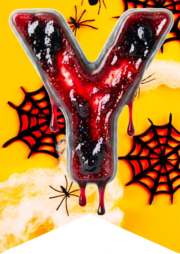 A Halloween-themed decorative letter 'Y' filled with dark red blood and blackberries, set against a bright yellow background with spiderwebs and spiders.