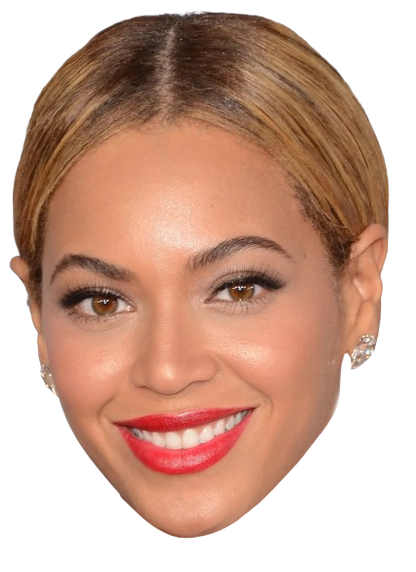 Cardboard cutout of Beyonce Face Mask with styled hair and makeup on a white background