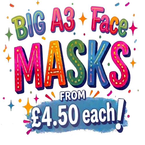 Promotional text for big A3 face masks with colorful letters and a price tag on a white background.