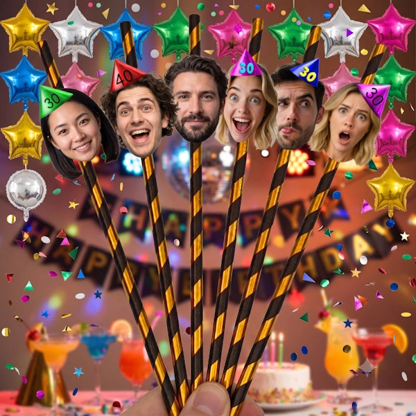 A hand holds a fan of black and gold striped party straws in front of a colorful birthday backdrop with star balloons, confetti, and multiple faces cut out and pasted onto the straws.