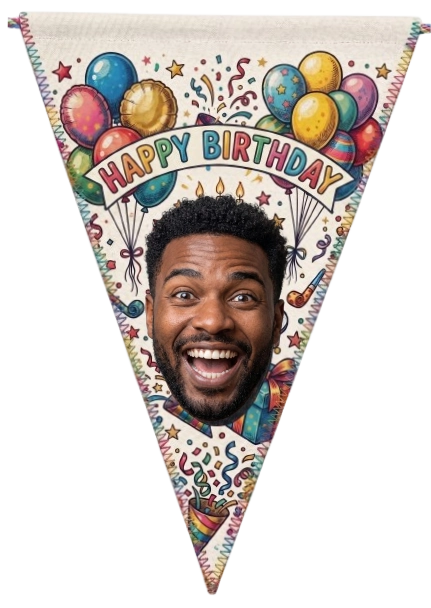 A triangular pennant banner with a colorful 'Happy Birthday' design, featuring illustrated balloons, stars, confetti, and a printed smiling man's face in the center, shown on a plain white background.