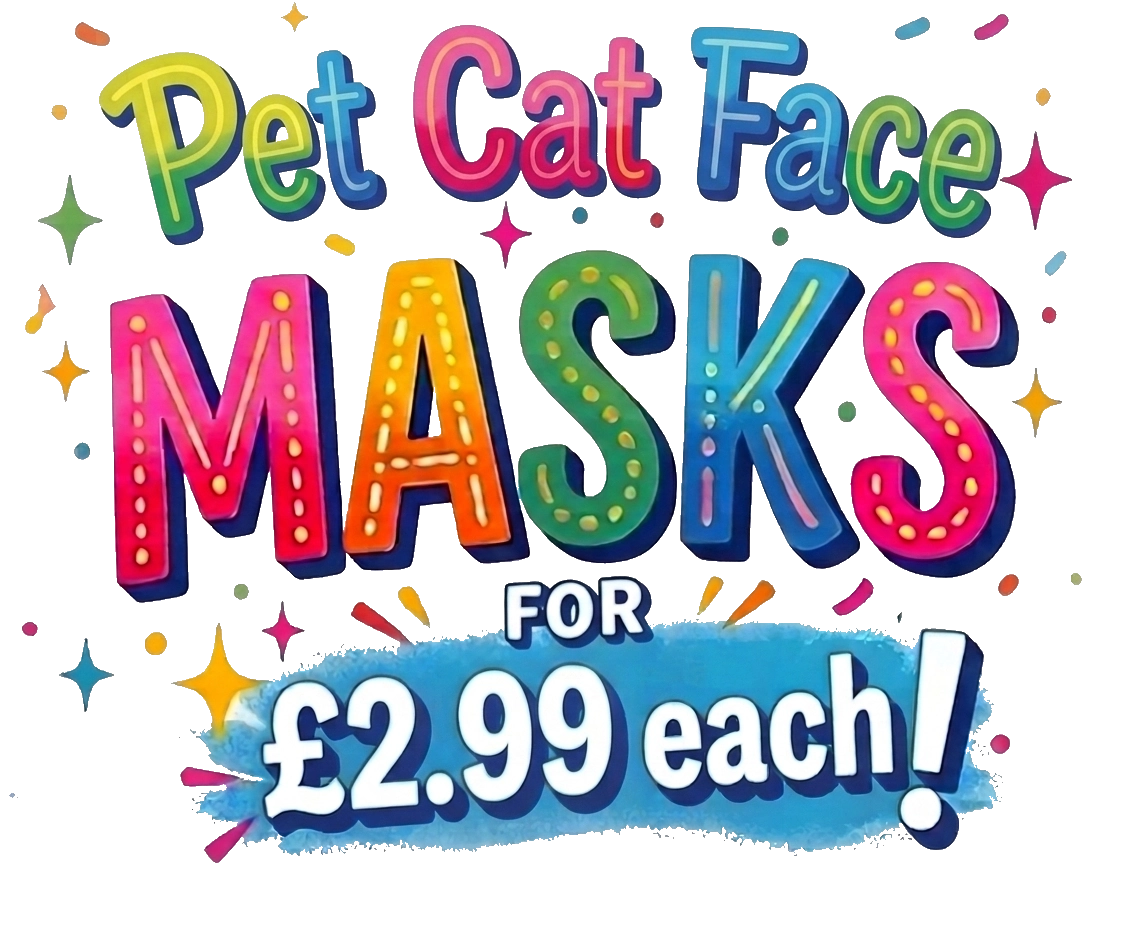 Promotional graphic for pet cat face masks with colorful text and price.