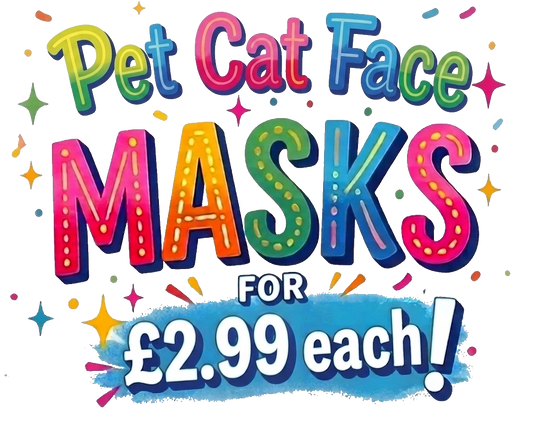 Promotional graphic for pet cat face masks with colorful text and price.
