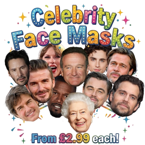 Promotional image for 'Celebrity Face Masks' with various celebrities' faces and colorful text.
