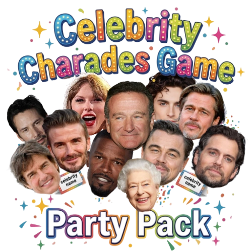 Celebrity Charades Game Party Pack with colorful text and celebrity faces on a white background
