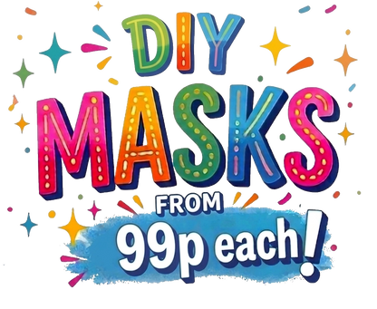 Colorful text 'DIY Masks from 99p each!' with star and dot decorations on a white background