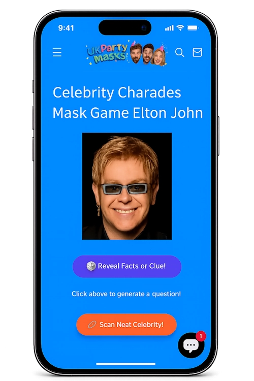 Phone screen displaying a celebrity charades game with Elton John's face on a blue background