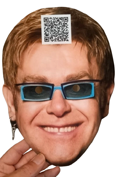 Cardboard cutout of a elton john wearing glasses with a QR code on the forehead, celebrity charades game