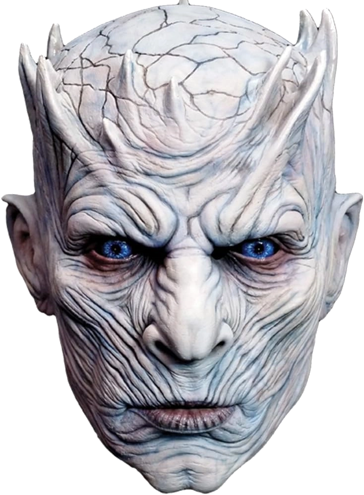 A highly detailed replica mask of the Night King from Game of Thrones, featuring textured, cracked pale skin, blue eyes, and sharp, pointed horns on a plain white background.