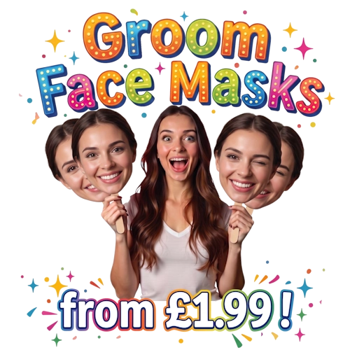 Person holding face masks with colorful text 'Groom Face Masks' and price 'from £1.99'.