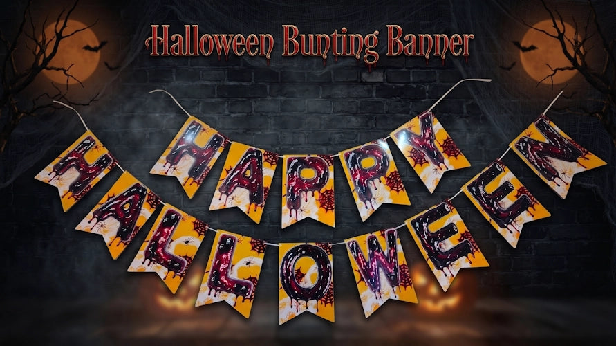 Halloween bunting banner with triangular flags spelling 'HAPPY HALLOWEEN' in a dripping blood-style font, shown against a dark spooky background with moon and tree silhouettes.
