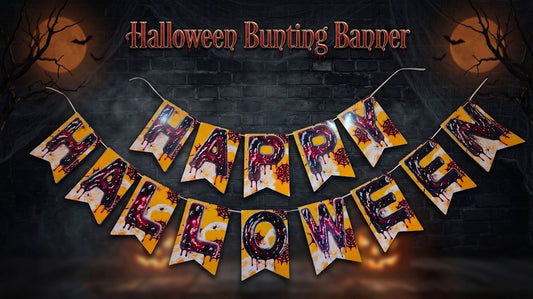 Halloween bunting banner with triangular flags spelling 'HAPPY HALLOWEEN' in a dripping blood-style font, shown against a dark spooky background with moon and tree silhouettes.