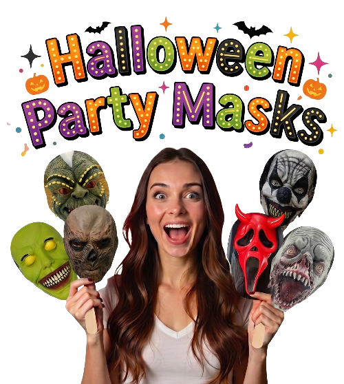 Woman holding Halloween party masks with colorful text 'Halloween Party Masks' on a white background