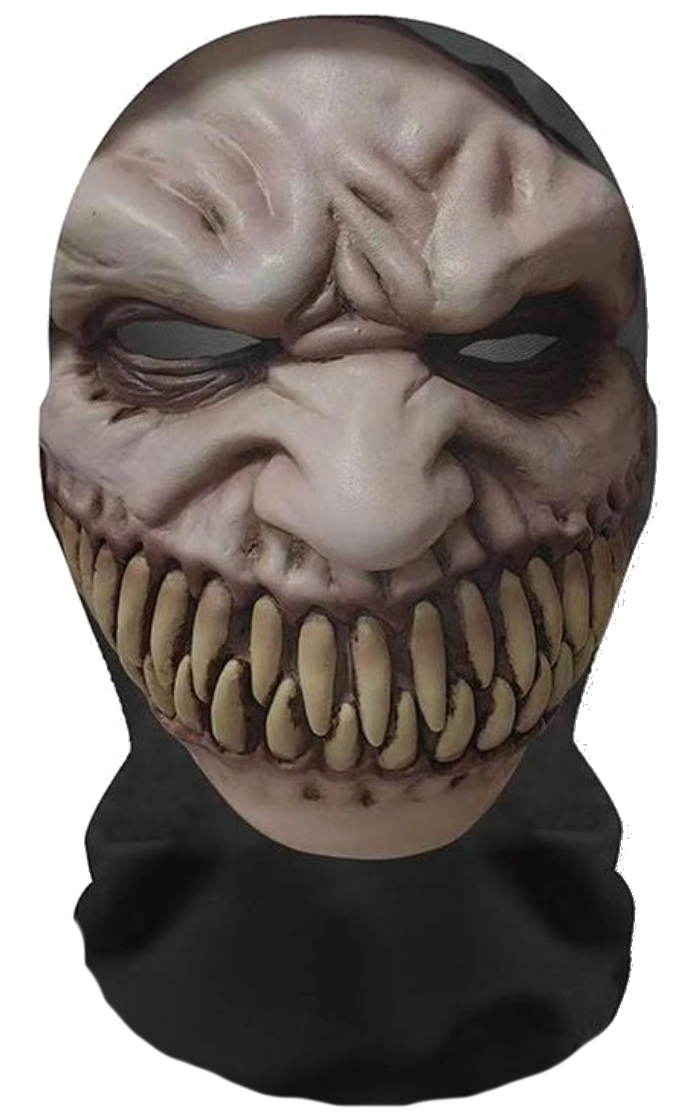 A scary horror mask with a wide grin showing sharp yellowed teeth, dark hollow eyes, and deep wrinkles, wearing a black hood and black neck drape, isolated on a white background.