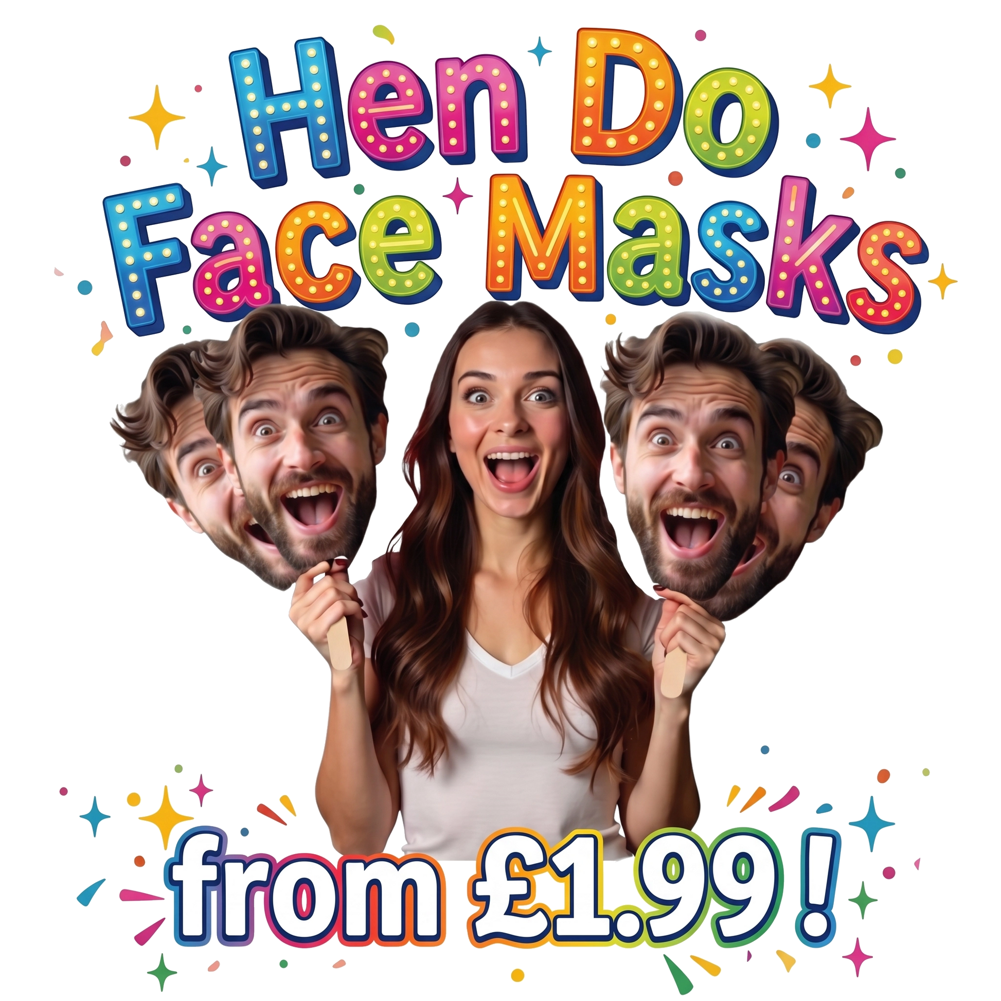 Promotional image for hen do face masks with colorful text and people holding cardboard face masks.