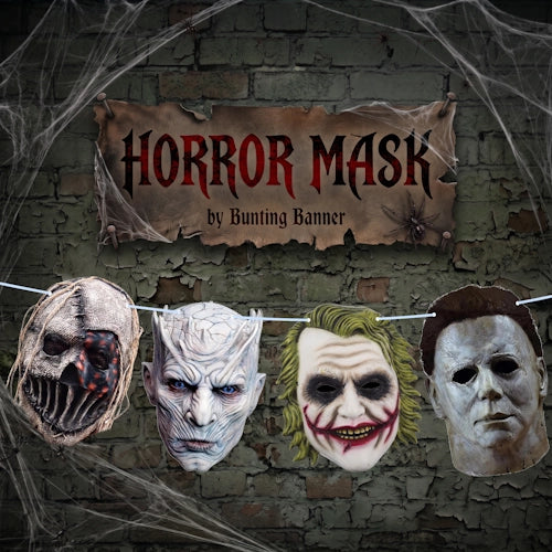 Four Halloween horror masks hanging on a string against a dark brick wall with cobwebs and a torn banner reading 'HORROR MASK by Bunting Banner'. Masks shown are a skull-faced mask, a pale scarred face mask, a Joker-style mask with green hair and red smile, and a white face mask.