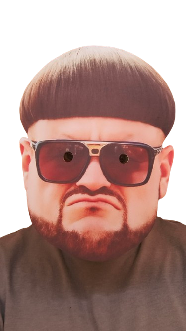 Cardboard cutout of ibiza boss wearing sunglasses and a bob hairstyle