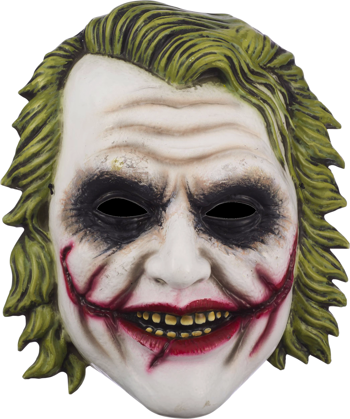 A Joker costume mask with green hair, a white face, black eye makeup, and red smile paint, shown against a plain white background.