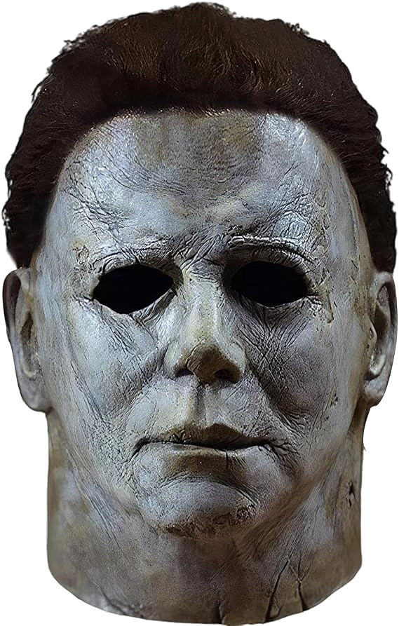 A realistic Michael Myers latex mask with a weathered, grayed face and dark brown hair, shown against a plain white background.
