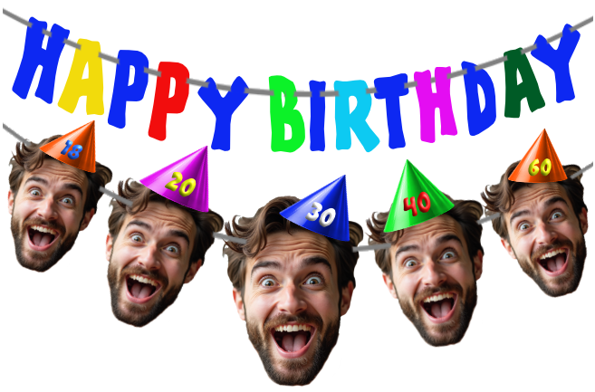 Happy Birthday banner with colorful hats and faces of a man by ukpartymasks