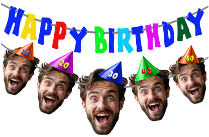 Happy Birthday banner with colorful hats and faces of a man by ukpartymasks