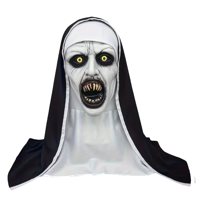 A creepy, horror-style nun costume headpiece with a pale screaming face, black veil, and yellow eyes on a plain white background.