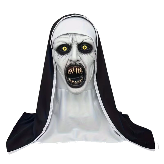 A creepy, horror-style nun costume headpiece with a pale screaming face, black veil, and yellow eyes on a plain white background.