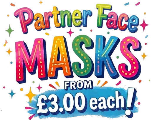 Colorful advertisement for 'Partner Face Masks' with a price tag of £3.00 each on a white background.