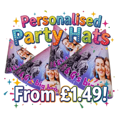 Promotional graphic for personalized party hats with colorful text and images of people.