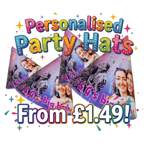Promotional graphic for personalized party hats with colorful text and images of people.