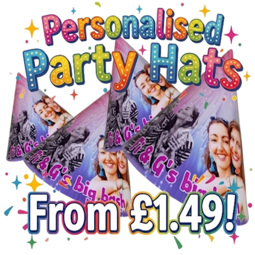 Personalised party hats with photos and promotional text on a colorful background