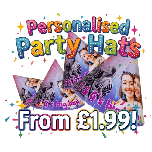 Promotional graphic for personalized party hats with colorful text and images of people.
