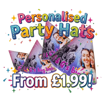 Promotional graphic for personalized party hats with colorful text and images of people.