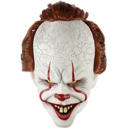 Pennywise Scary clown mask with white face, red lips, and brown hair on a black background