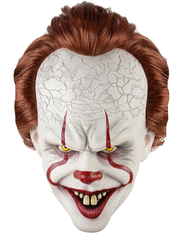 A Pennywise horror clown mask with cracked white skin, red paint details, yellow eyes, and messy auburn hair, shown against a plain white background.